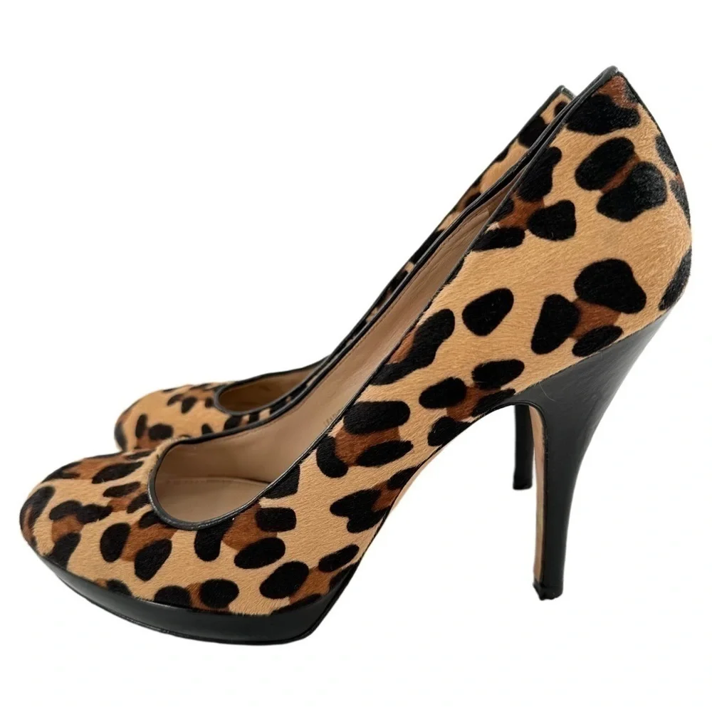 Via Spiga heels size 8 black Italian leather cheetah print calf hair platforms
